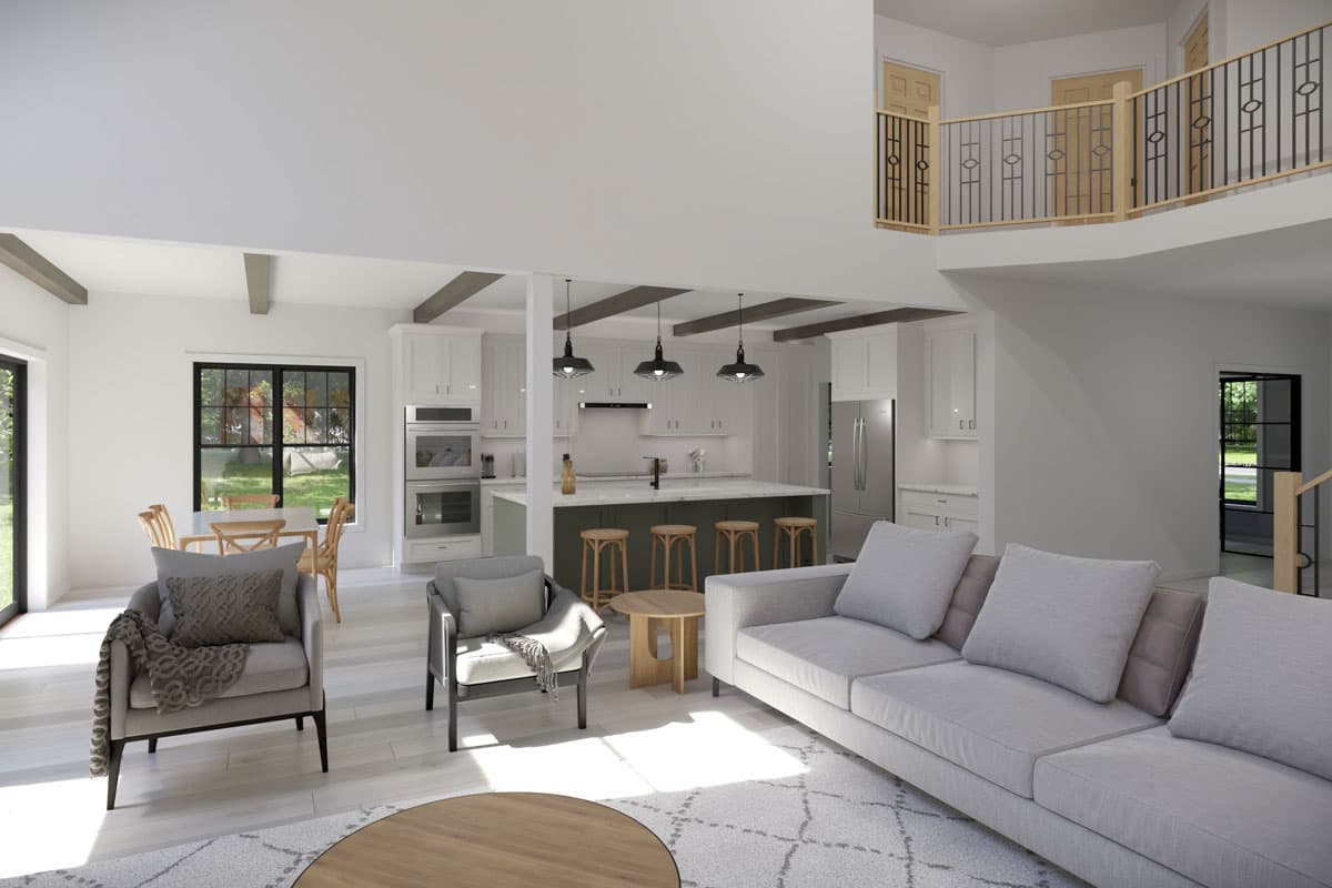 House plan interior: Two-story great room with kitchen, dining area, and loft. Features include neutral tones and a modern design.
