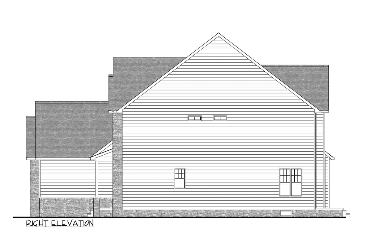  House plan left side elevation view with clapboard siding, stone accents, windows, and a gabled roof.