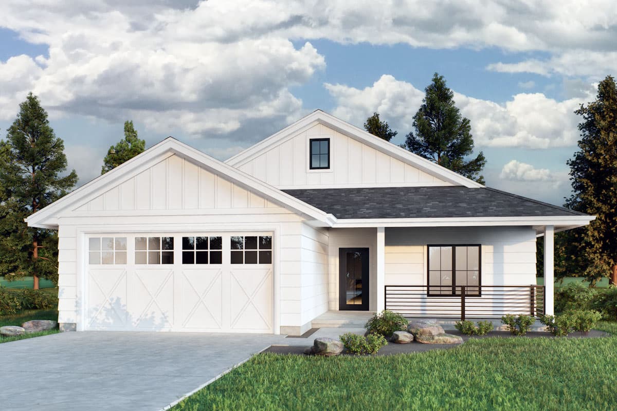 House plan exterior. Modern farmhouse style with gabled roof, a front-facing garage, and a covered porch. Features include board and batten siding.