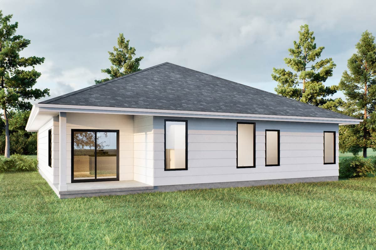 House plan exterior: single-story Modern Ranch with hip roof, horizontal siding, and large windows.