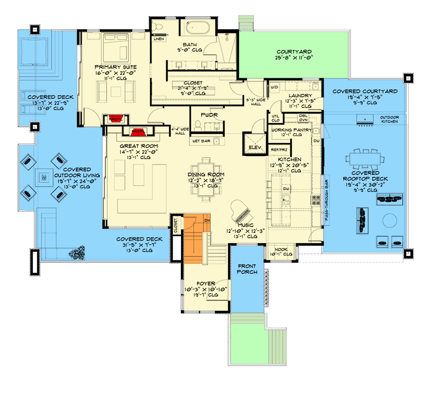 Plan 520016RKY: 3-Bed Contemporary House Plan with Outdoor Kitchen - 5035 Sq Ft - Floor Plan - Main Level - Contemporary, Mid Century Modern, Modern, Northwest