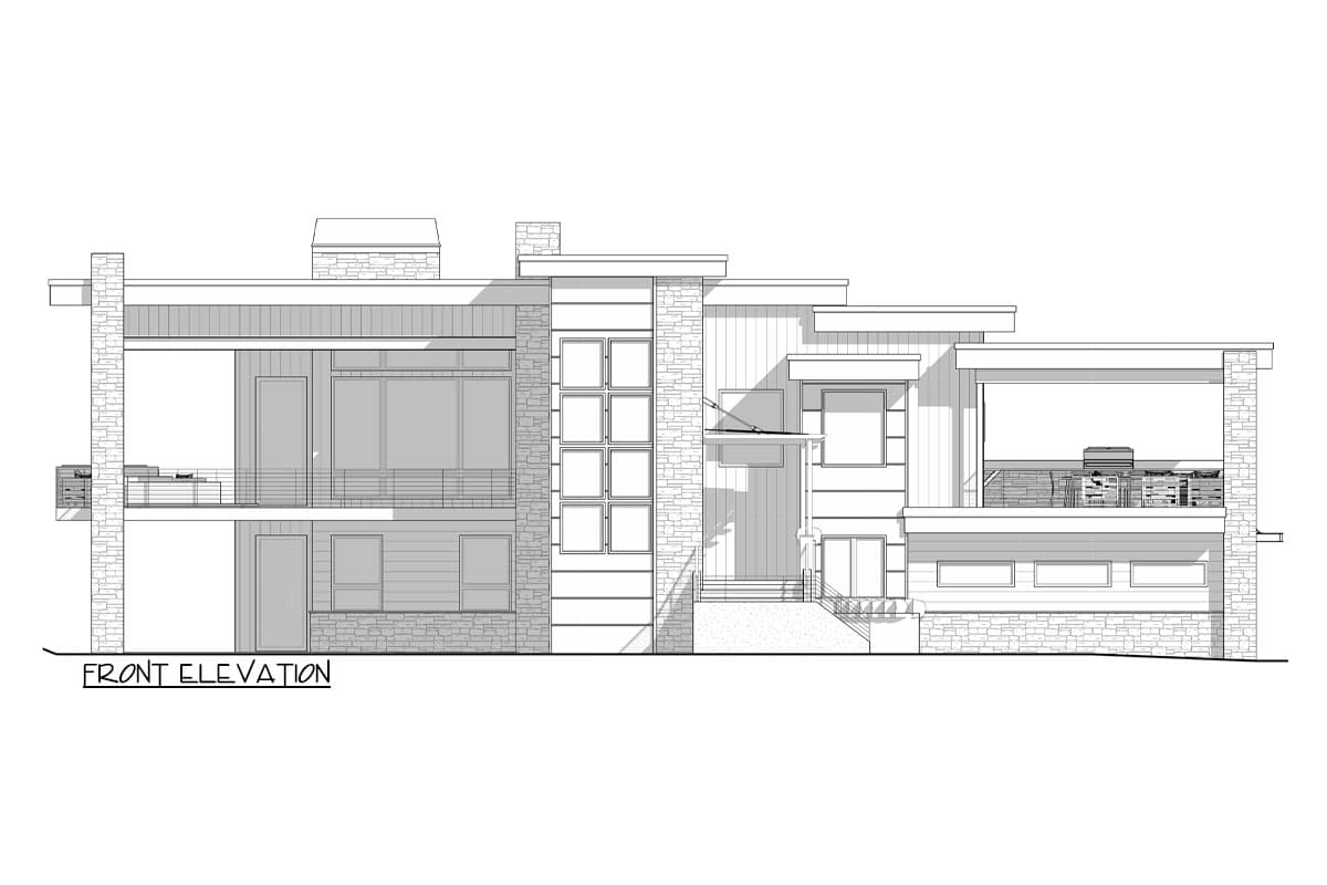 Front elevation drawing of a modern house with layered rooflines, balconies, and stone accents.