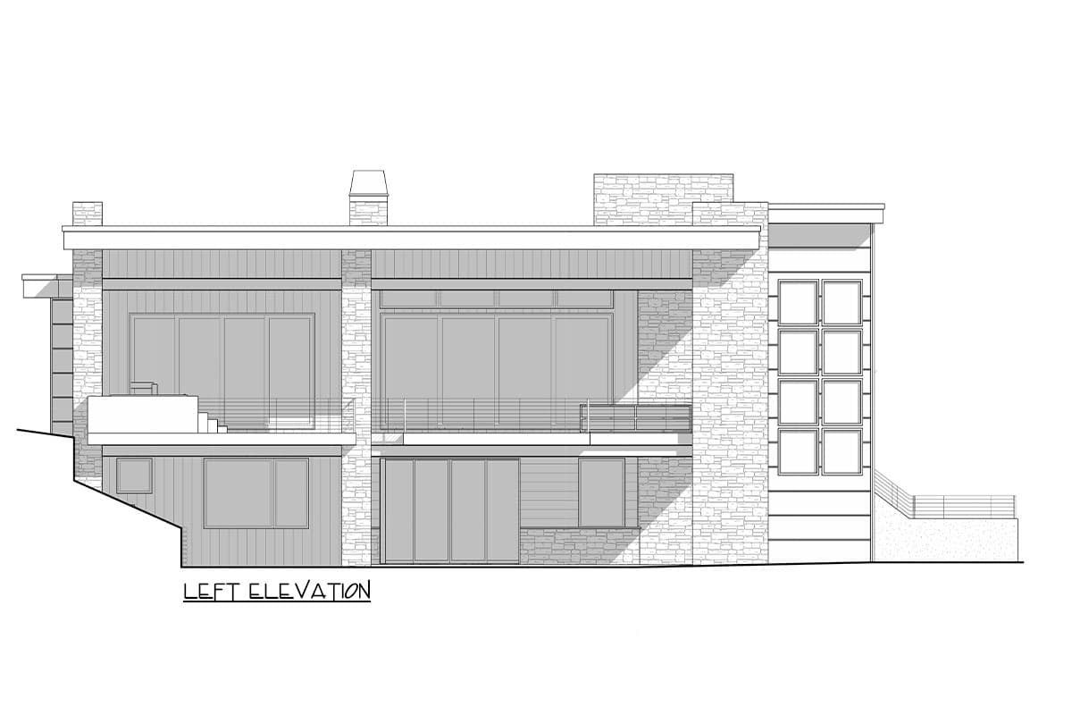 Left elevation drawing of a multi-level modern house with stone and wood siding, large windows, and balconies.