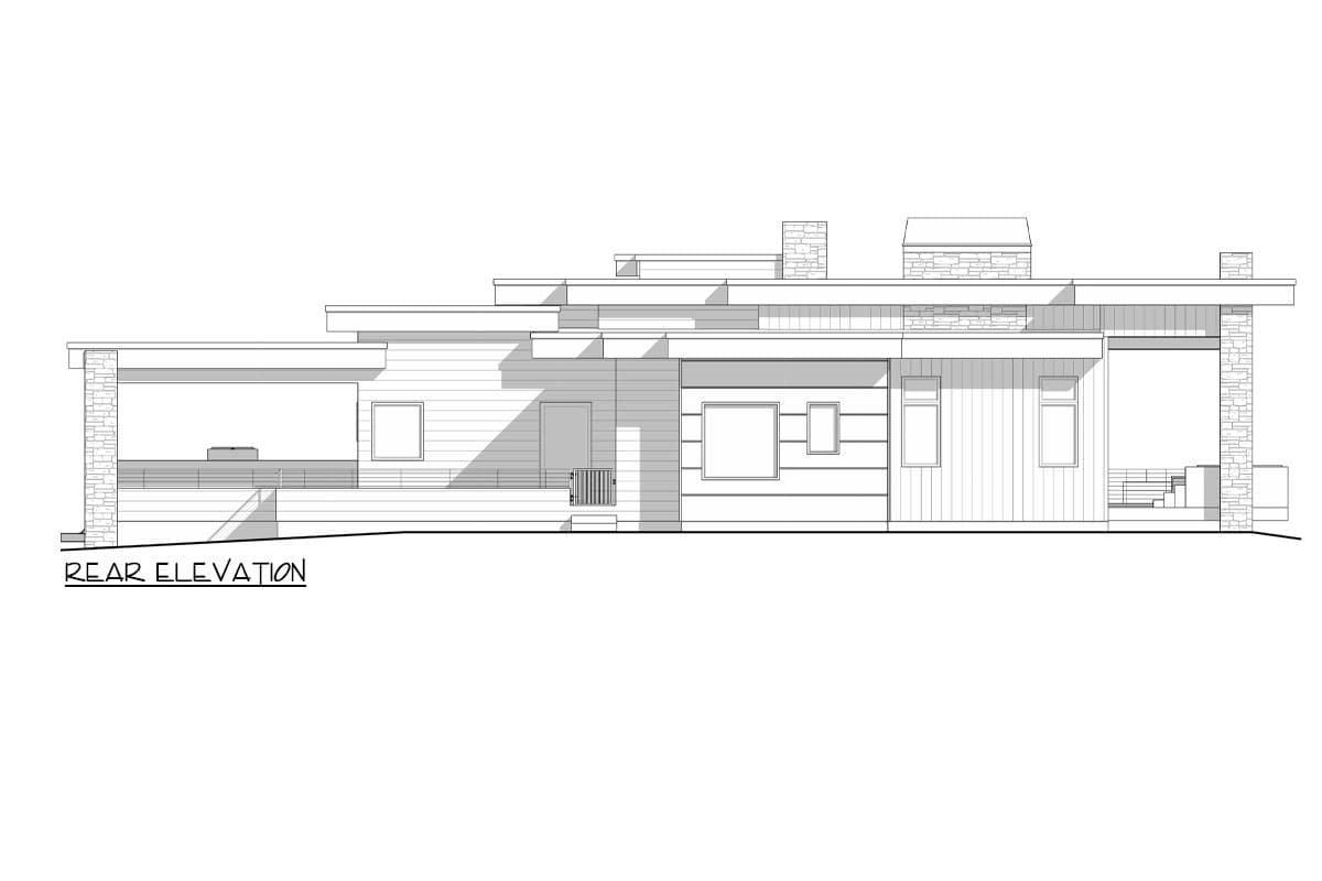 Rear elevation drawing of a modern house with layered rooflines, stone accents, and horizontal siding.