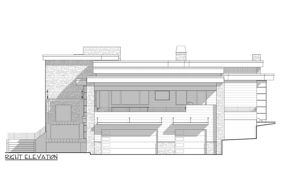 Right elevation drawing of a modern house plan featuring multiple garage bays, a balcony, and stone and wood siding.