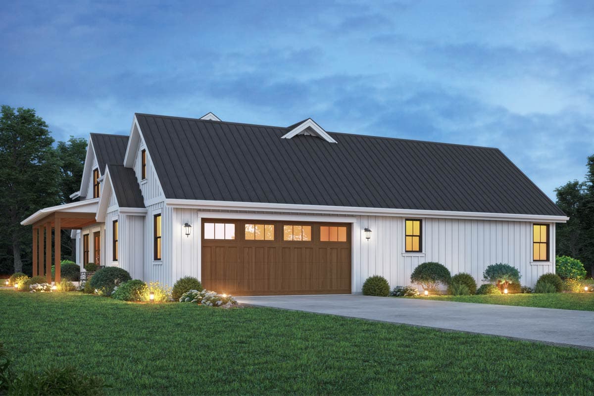 Modern Farmhouse house plan exterior with white board-and-batten siding, metal roof, gable dormer, and wood garage door.