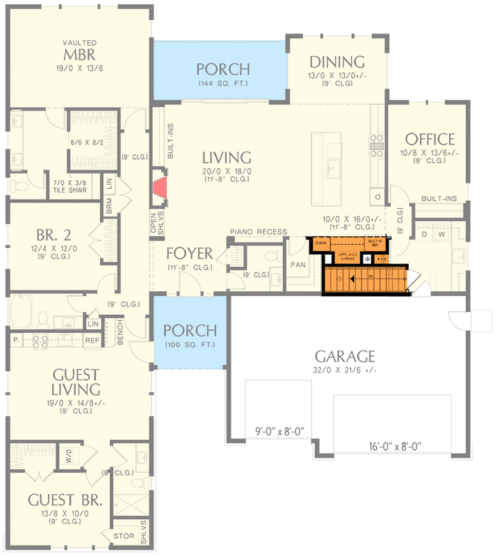 Plan 69876AM: 2-Bed Craftsman Ranch House Plan with 1-Bed Attached Apartment - 2745 Sq Ft - Floor Plan - Main Level - Basement Stair Location - Country, Craftsman, Ranch