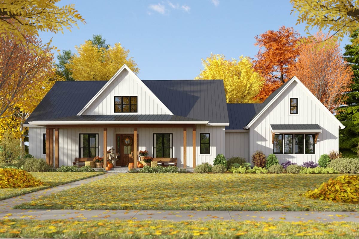 Modern Farmhouse style house plan exterior with a deep porch, gables, and vertical siding.