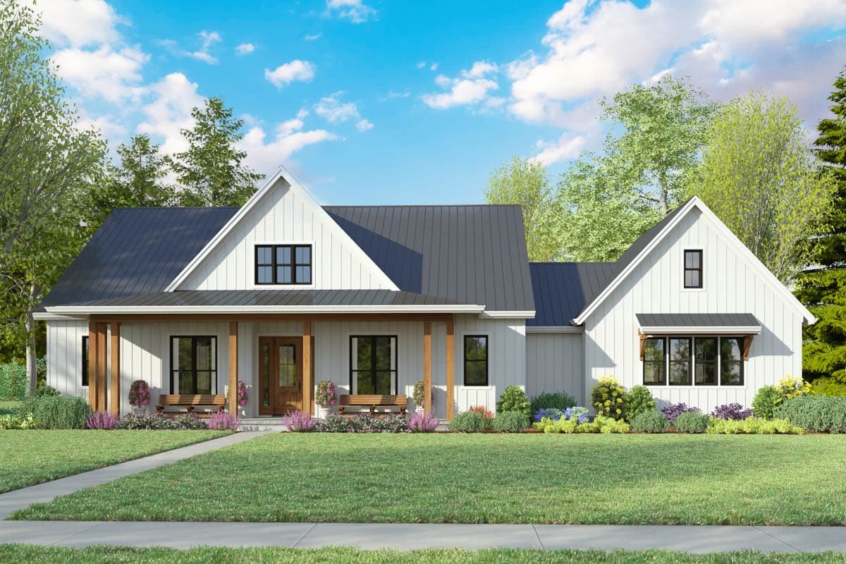 House plan exterior. Modern Farmhouse style with a single story, a covered porch with wooden supports, and gabled rooflines.