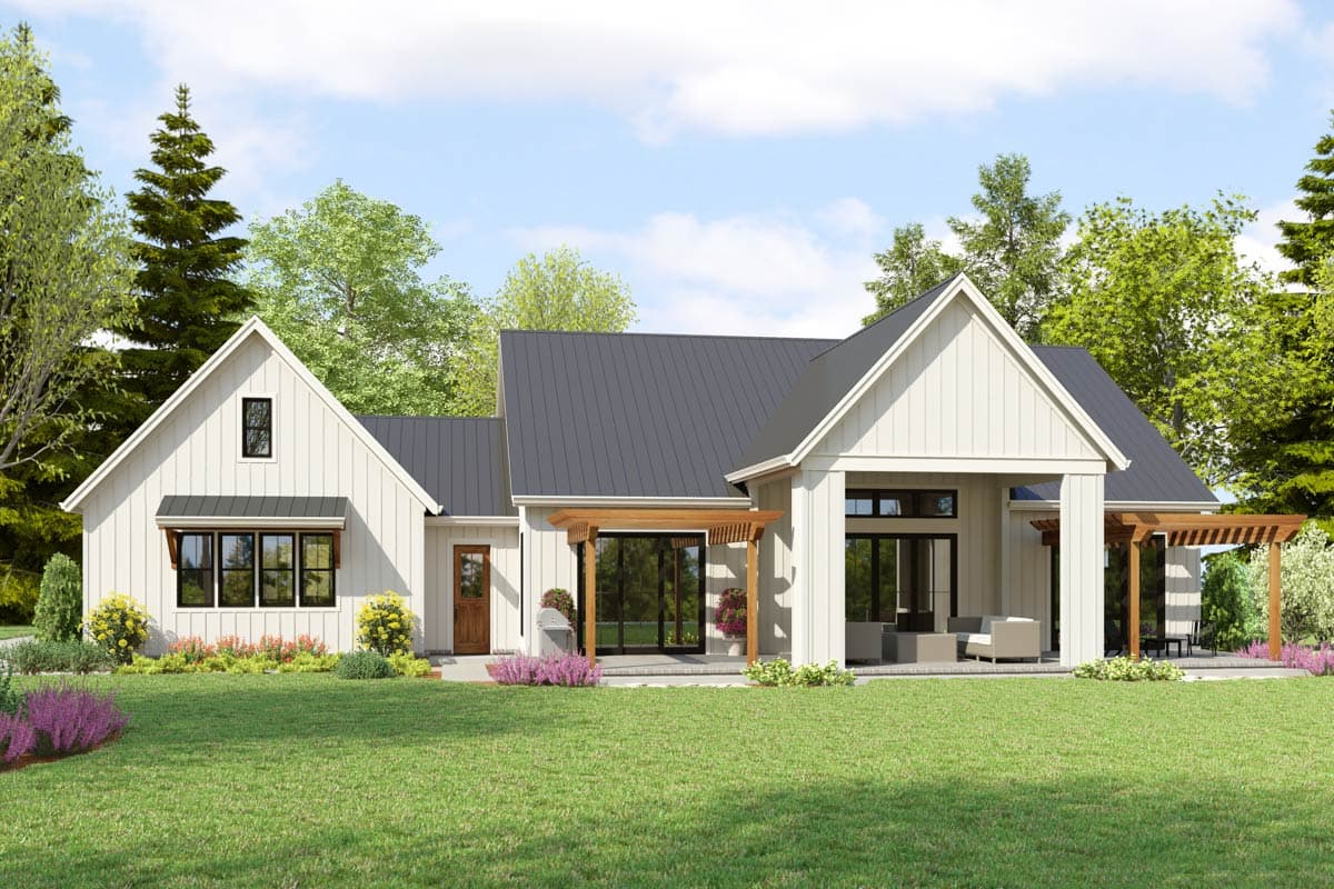 House plan exterior: Modern Farmhouse style, one story, white vertical siding, gable roofs, covered porch with pergola, and large windows.