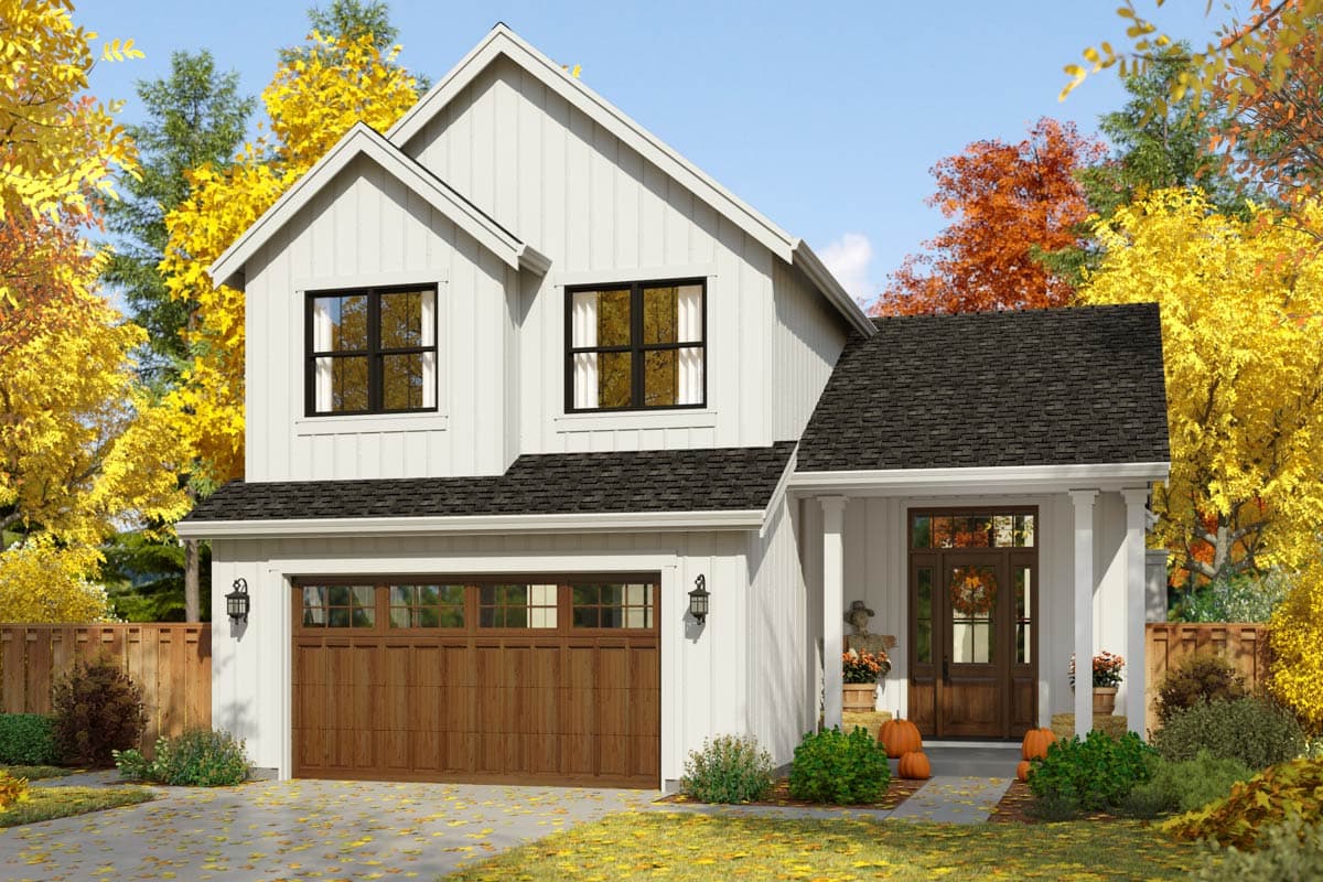 Modern Farmhouse house plan exterior with board and batten siding, gable roof, and attached garage with wood doors.