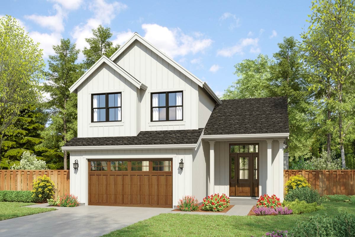 House plan exterior. Two-story Modern Farmhouse with gabled roof, two dormers, and attached garage. Front porch with columns.