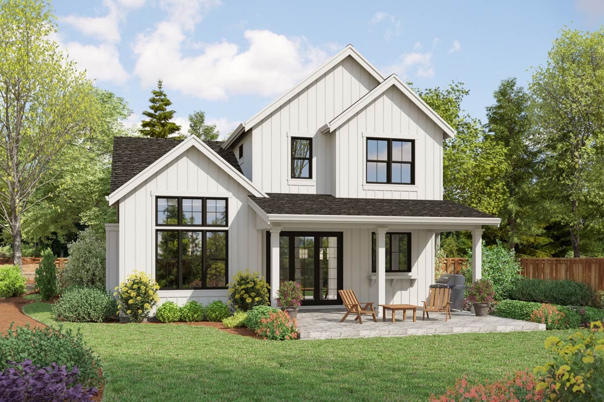 Modern Farmhouse house plan exterior, two stories, gables, and covered porch with patio and grill.