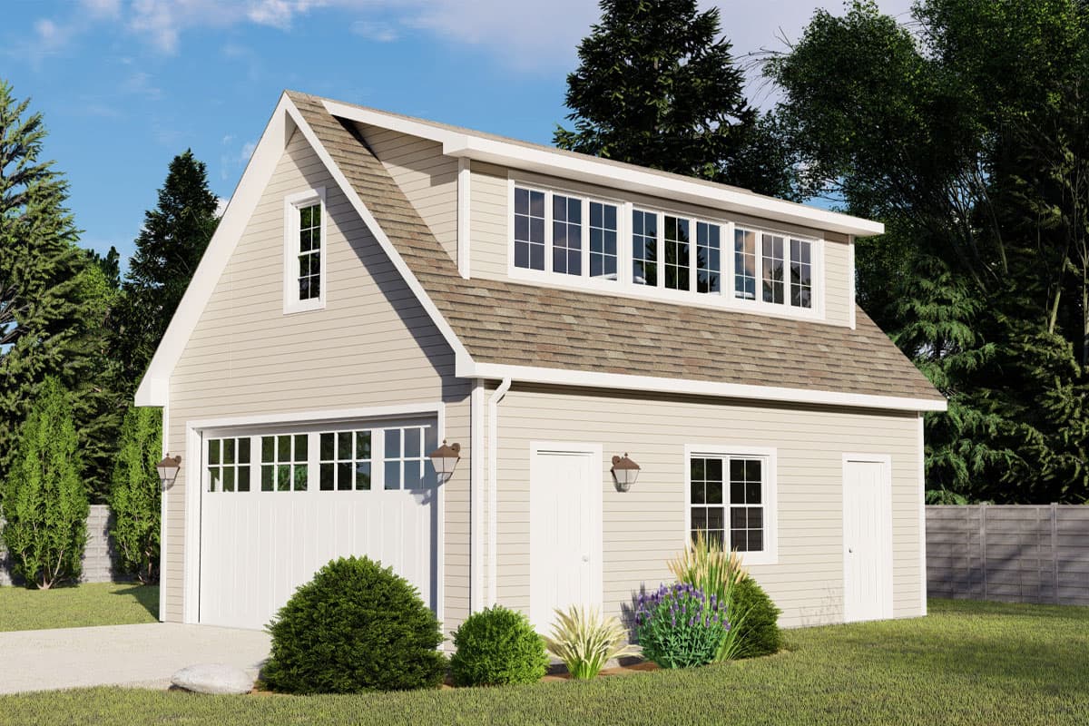House plan exterior with two stories. Features include a gabled roof, dormer windows, and a multi-pane garage door.