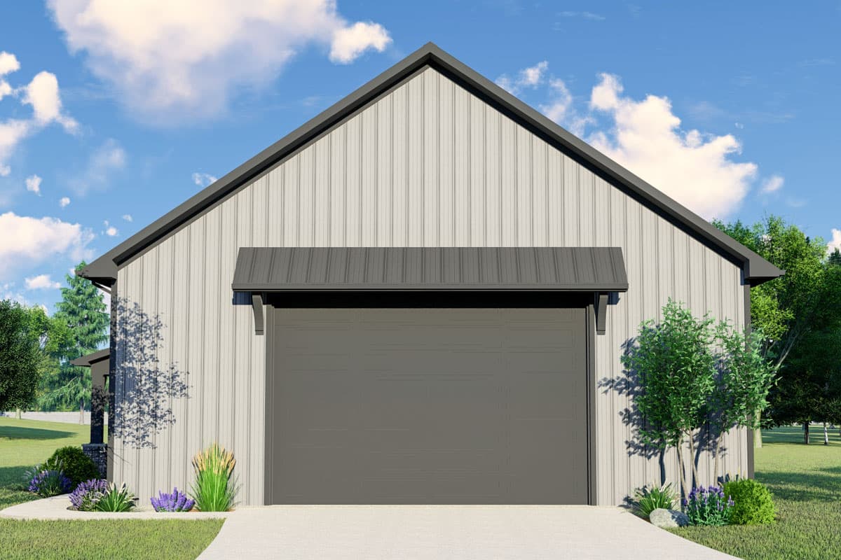 House plan exterior. Modern style single-story structure with vertical siding, gable roof, and attached garage with metal awning.