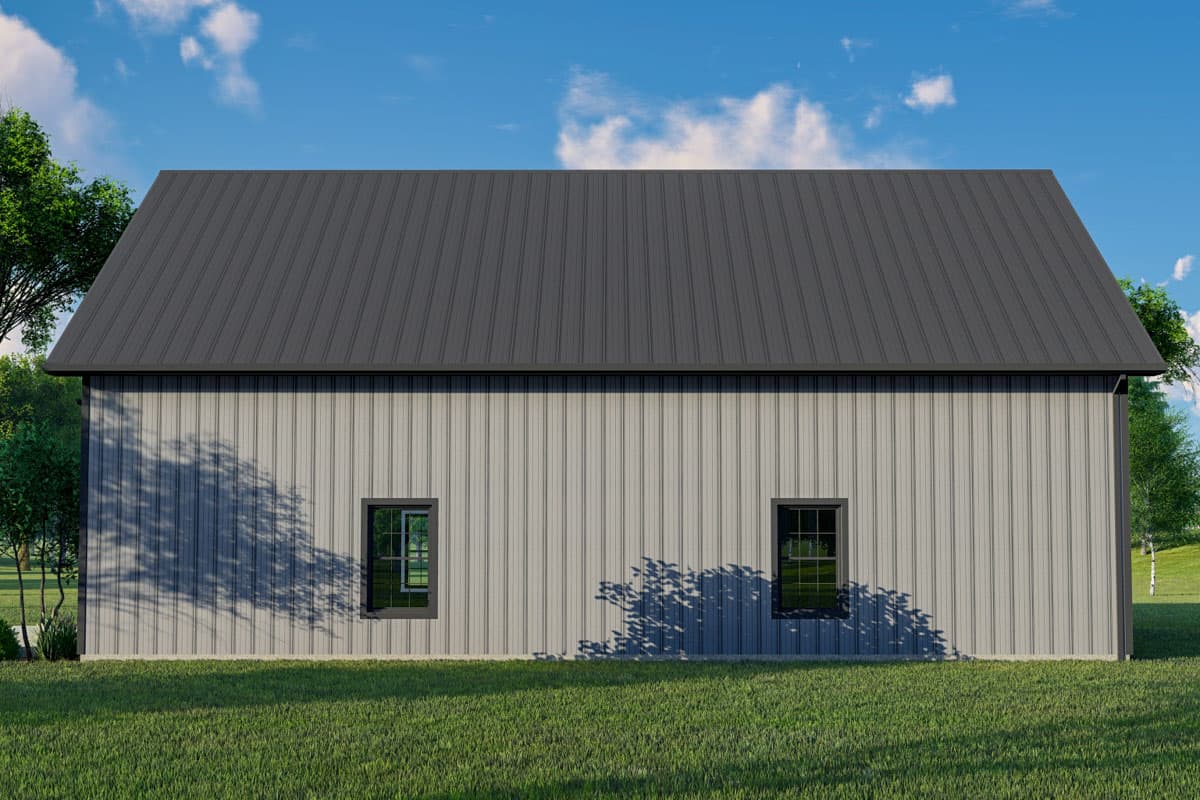 House plan exterior with vertical metal siding and a dark metal gable roof. Features two evenly spaced windows.