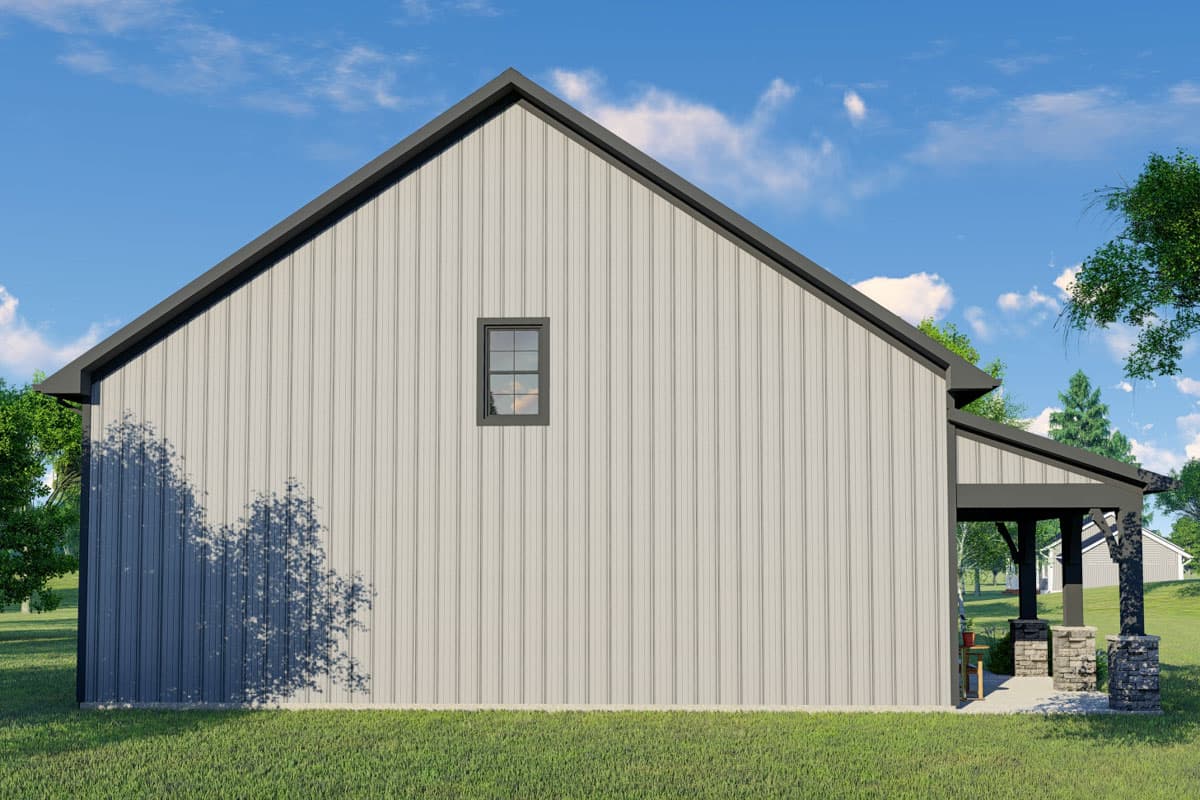 House plan exterior: Modern Farmhouse style, standing seam siding, dark gable roof, and stone-accented covered porch.