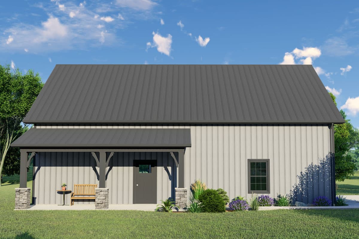 House plan exterior with a metal roof, front porch with stone columns and a bench, and a single story structure with vertical siding.