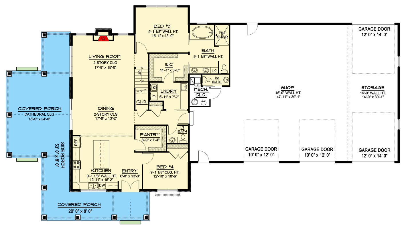 Plan 135288GRA: 4-Bed Barndominium House Plan with Oversized RV Bay Garage - 2781 Sq Ft - Floor Plan - Main Level - Barndominium, Country, Craftsman, New American