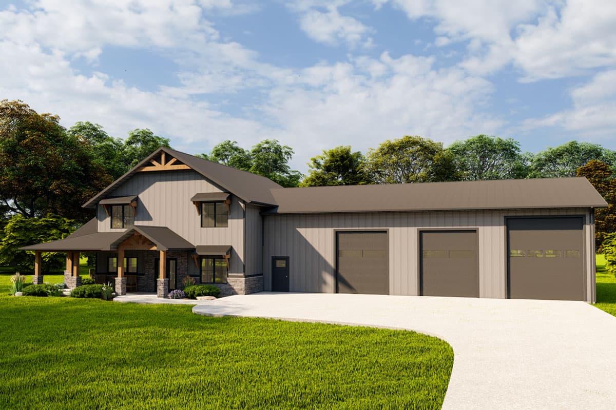 House plan exterior. Two-story Modern Farmhouse with a covered porch, board and batten siding, and a three-car garage with overhead doors.