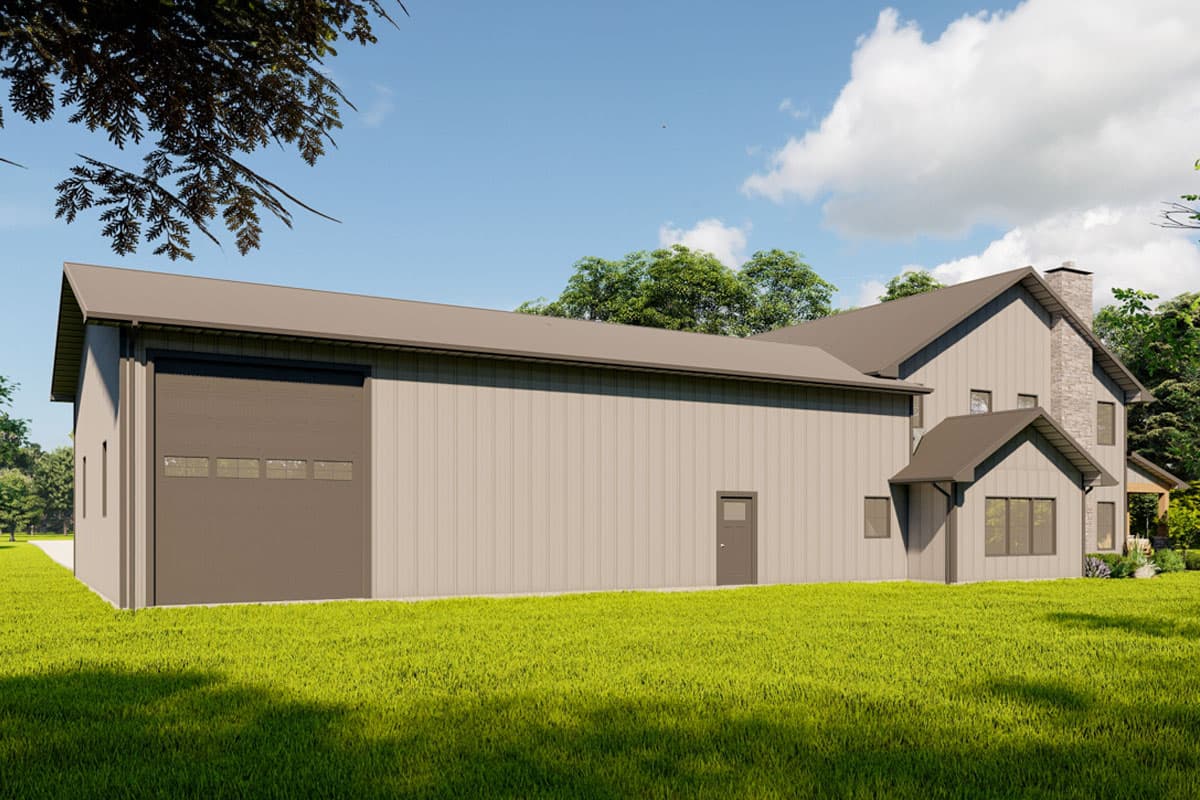 House plan exterior with large garage door, side entry door, and stone chimney. Two-story rear section.