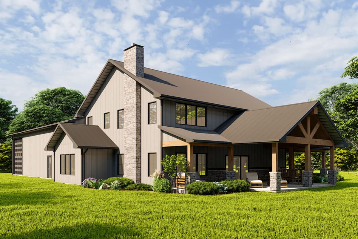 House plan exterior: Modern farmhouse style with two stories, prominent stone chimney, gabled roof, and covered porch with exposed beams.