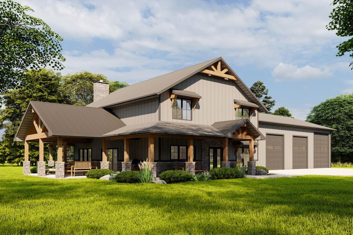 House plan exterior: Modern farmhouse style, two stories, large wrap-around porch, gabled rooflines, stone accents, and a three-car garage.