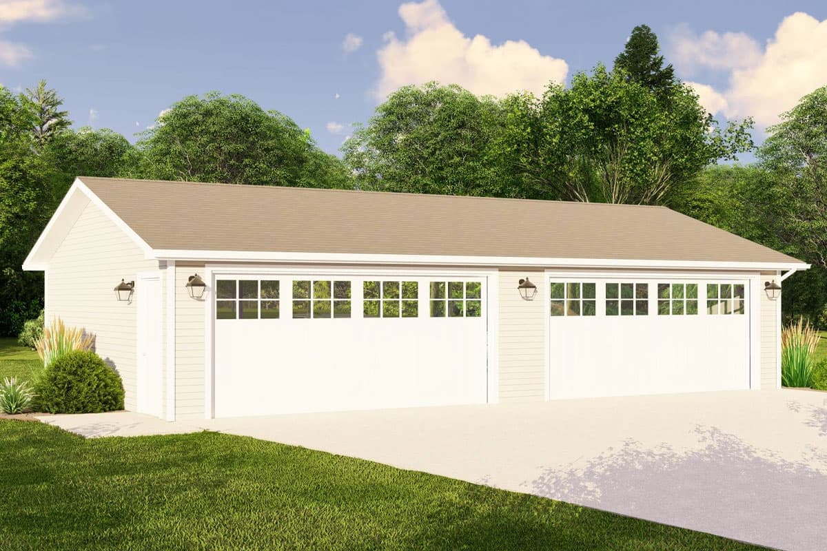 House plan exterior. One-story detached garage with two garage bays, gable roof, and paneled garage doors.