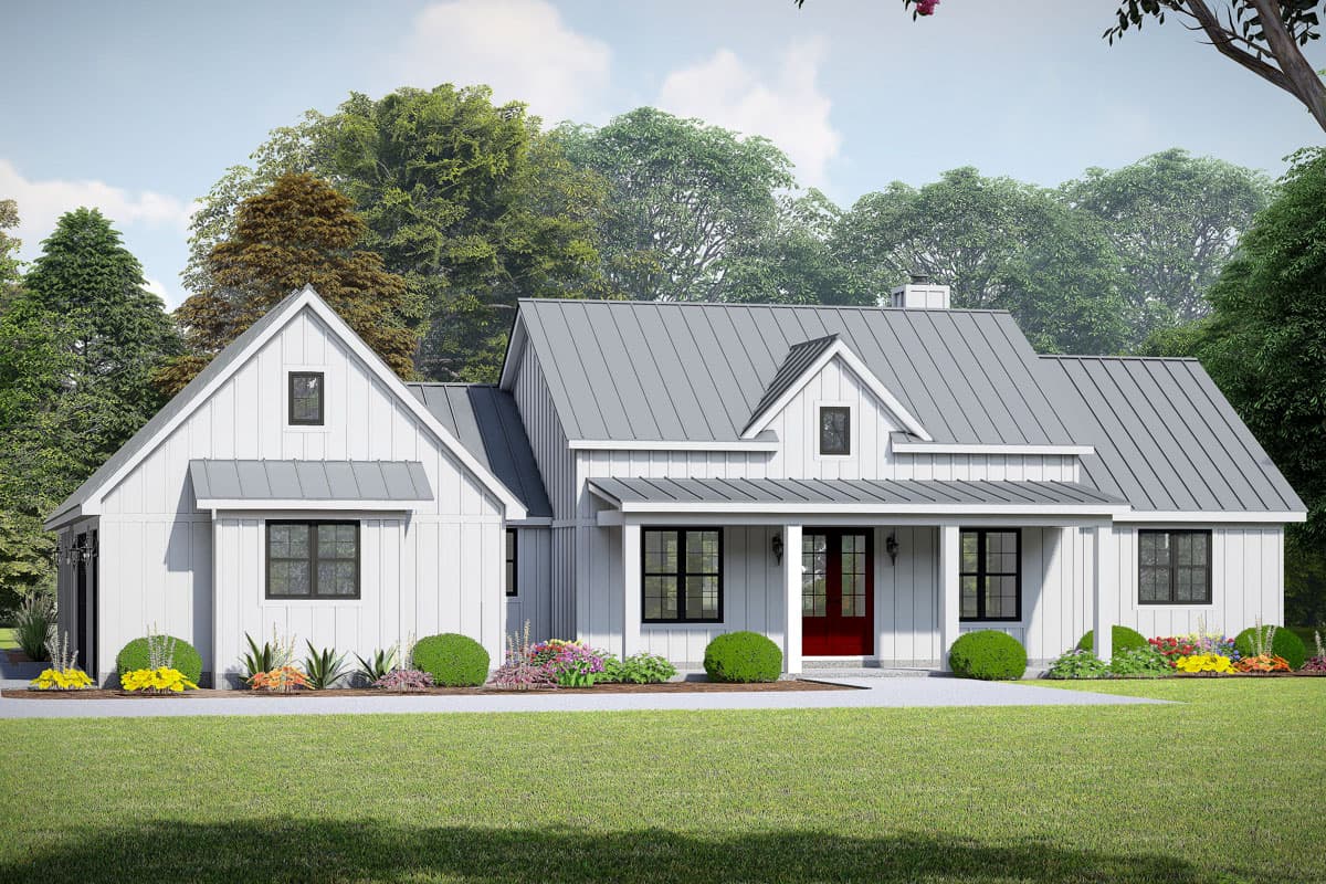 House plan exterior. Modern Farmhouse style with two stories, gabled rooflines, a front porch, and dormers. Features include a gray metal roof.