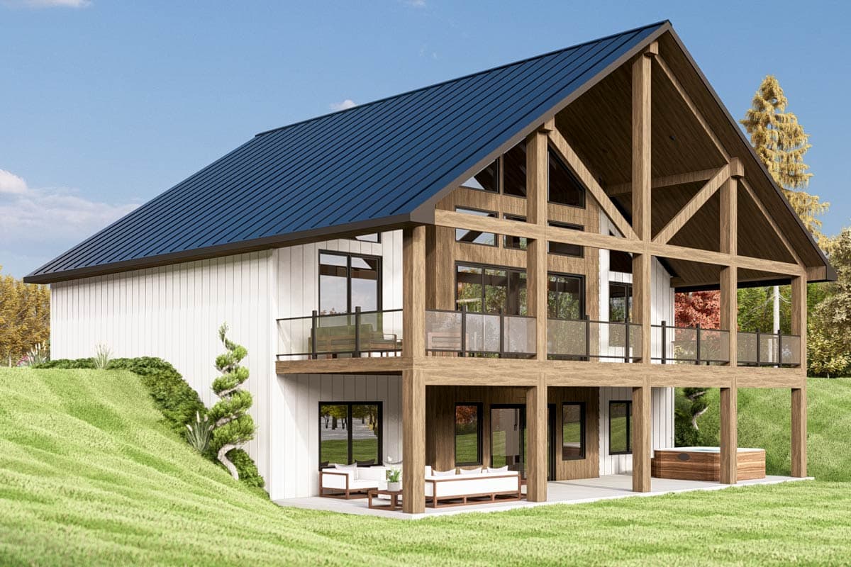 House plan exterior: Modern design with two stories, white board-and-batten siding, dark metal roof, and exposed timber framing.