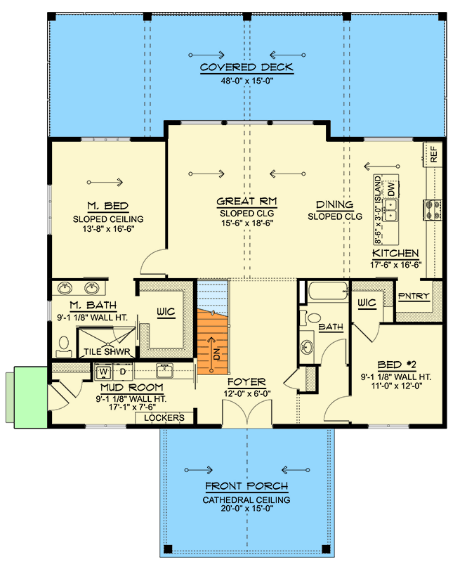 Plan 135290GRA: 2-Bed Mountain House Plan with Dream Rear Deck For A Sloping Lot- 1679 Sq Ft - Floor Plan - Main Level - Cabin, Contemporary, Mid Century Modern, Mountain