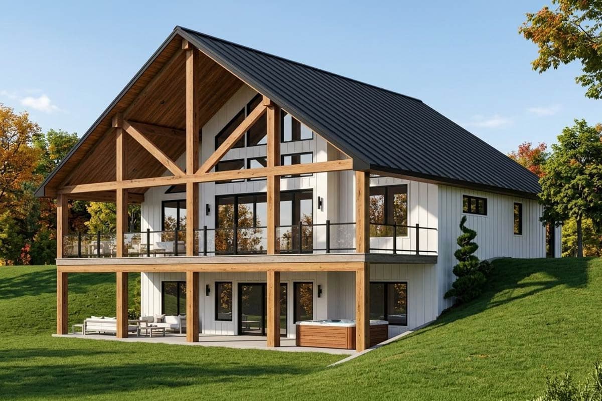 House plan exterior. Two-story Modern house with a metal roof and exposed timber framing. Features include a covered porch and balcony.