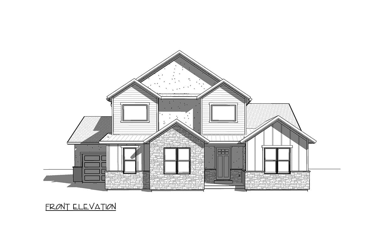 Front elevation drawing of a two-story house with stone accents, gables, and attached garage.