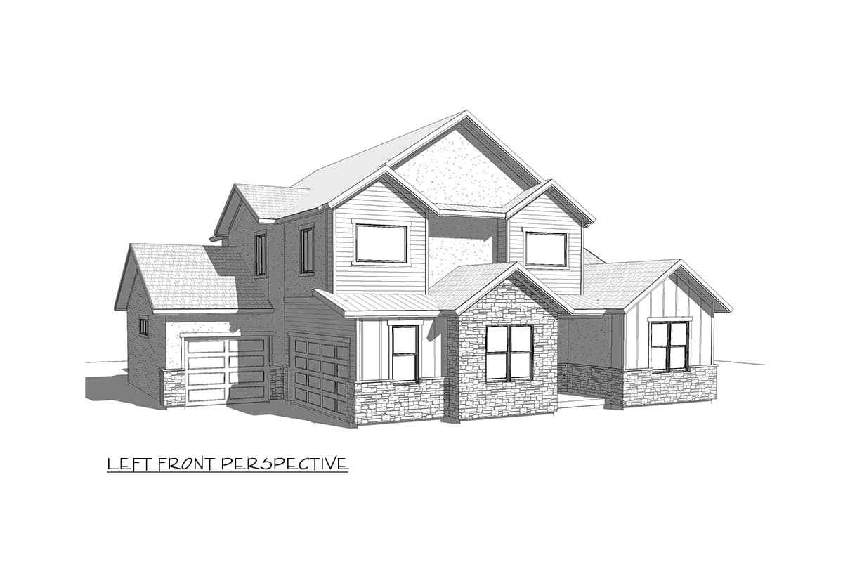 Left front perspective of a two-story house plan with gabled roofs, siding, stone accents, and a two-car garage.