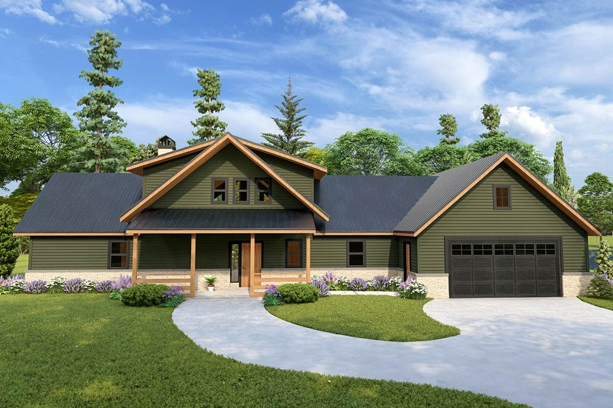 House plan exterior. Two-story Modern Farmhouse with a gabled roof, covered porch, dormers, and attached garage with a dark gray garage door.