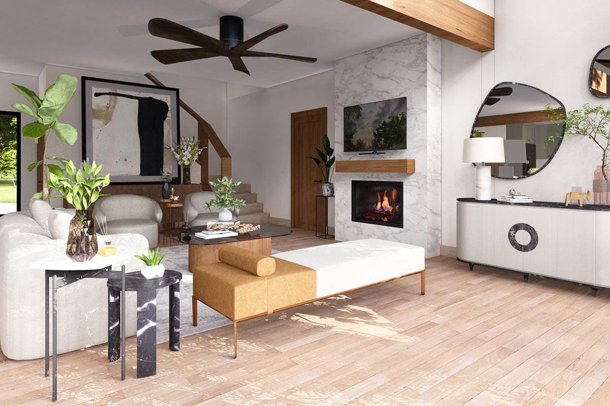 Living room rendering with marble fireplace, wood ceiling beams, large windows, and a modern sectional sofa.