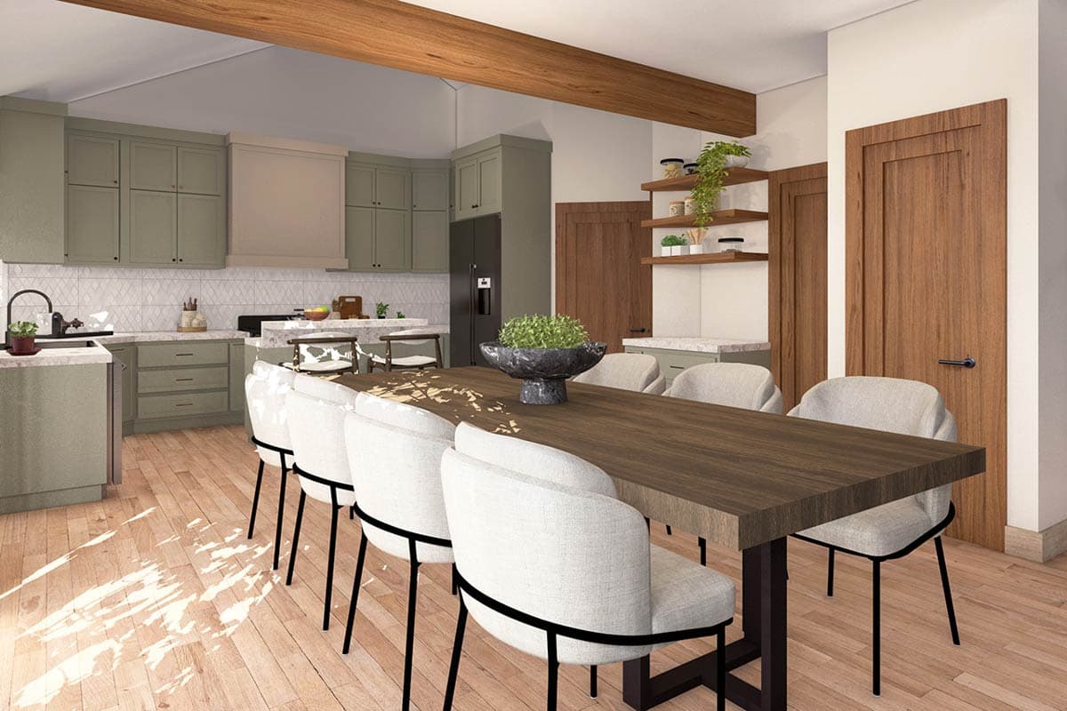 Rendering of an open-concept dining room and kitchen with vaulted ceiling, exposed beam, island with seating, and green cabinetry.