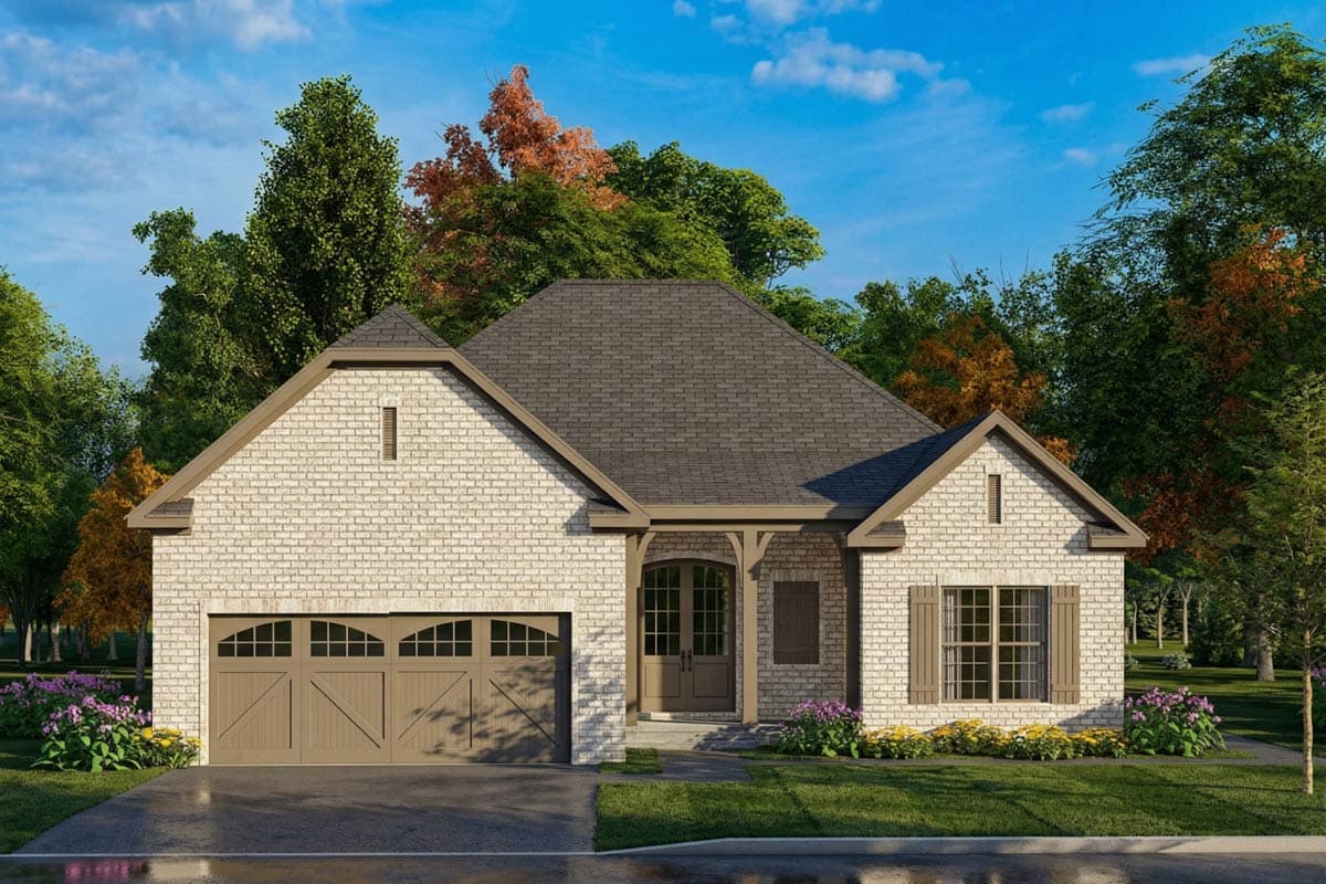 A newly constructed, single-story house with a brick exterior and a brown roof. Landscaping with green grass, flowers, and trees surrounds the home.