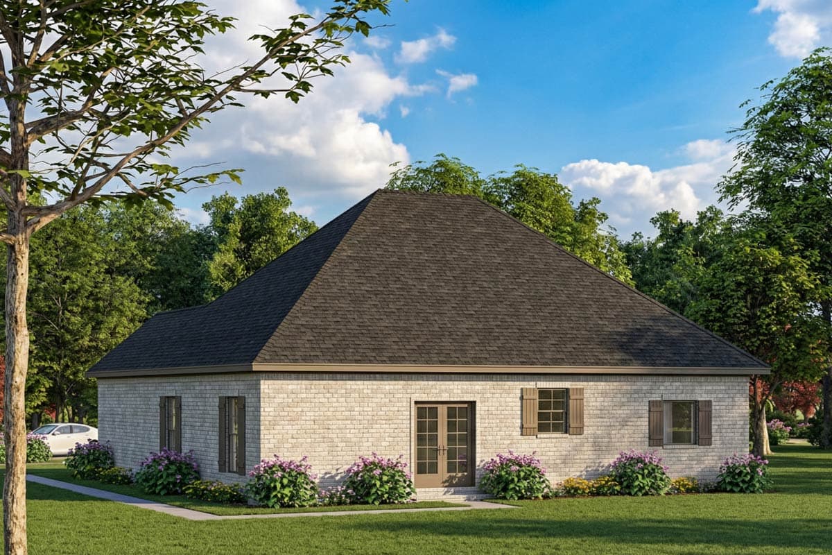 House plan exterior: single-story brick home with hip roof, double doors, and shutters on windows.