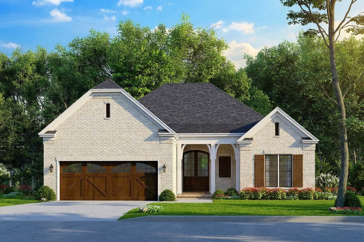 House plan exterior: one-story, white brick, gabled dormers, covered entry with arched double doors, and side-entry garage.