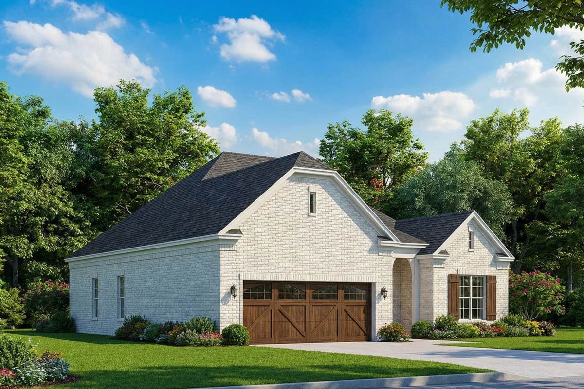 House plan exterior: One-story Modern Farmhouse with white brick, gable roof, attached garage, and arched entryway.