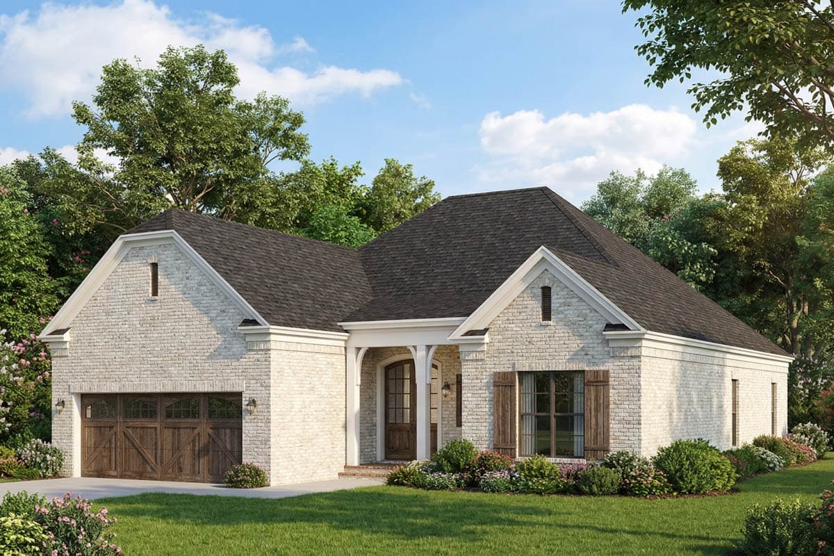 House plan exterior: One-story home with white brick, arched entryway, gabled dormer, and attached garage with carriage-style doors.