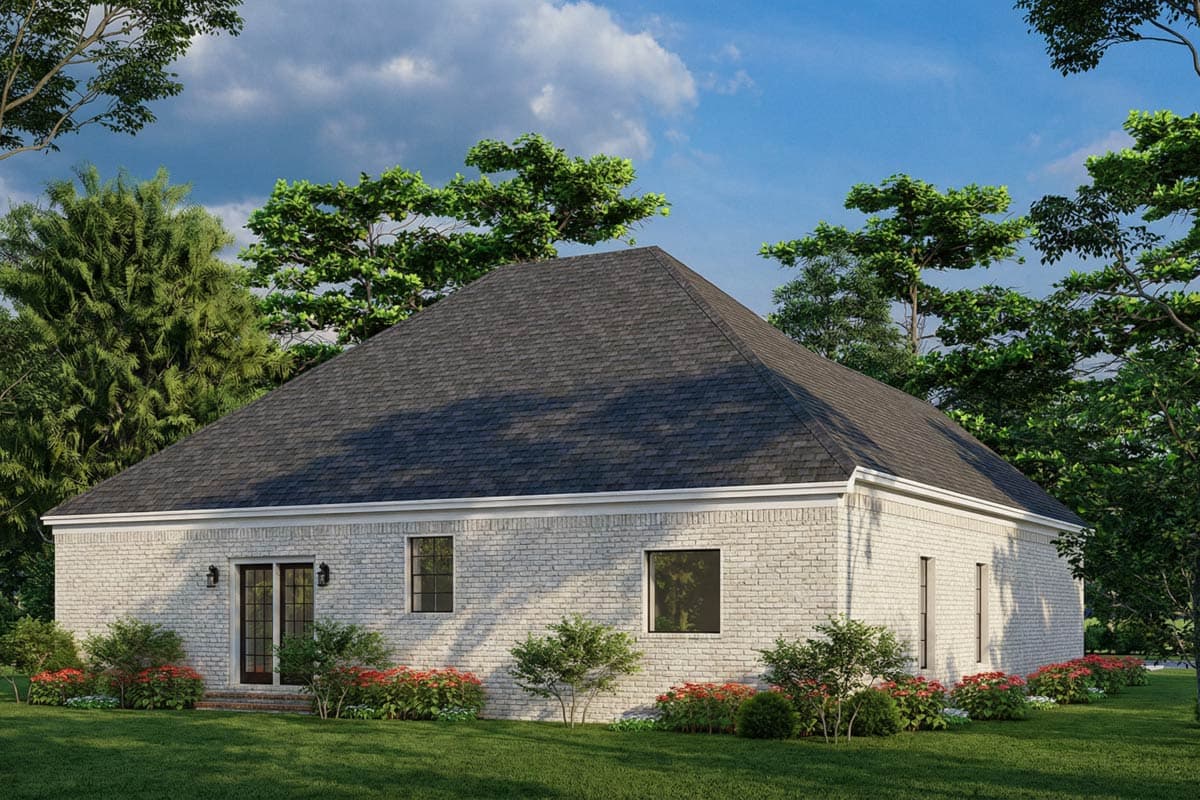 House plan exterior view of a one-story brick home with a prominent hipped roof, double doors, and multiple windows.
