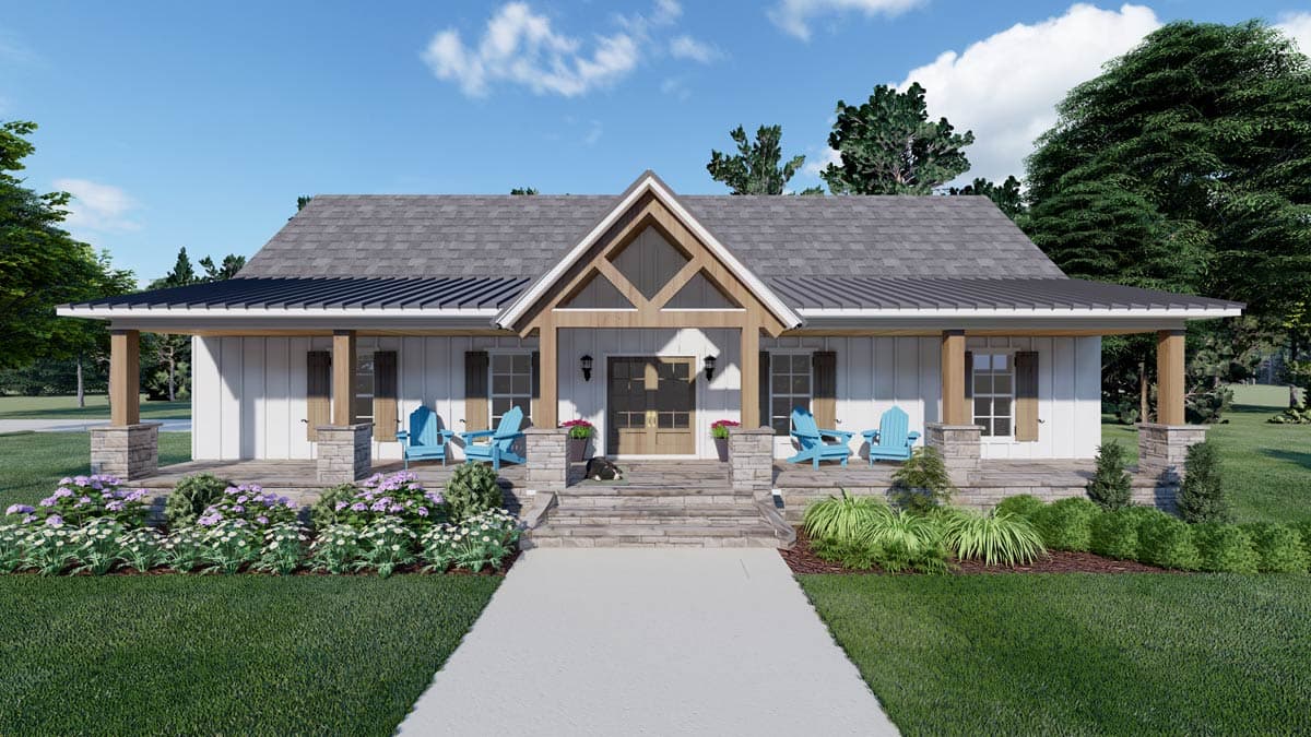 House plan exterior: Ranch style, single story, with a wide covered porch supported by stone and wood columns.