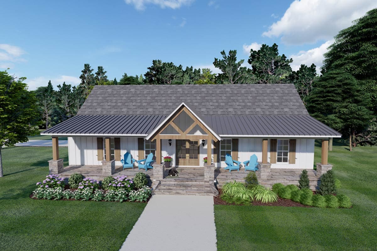 House plan exterior: One-story Modern Farmhouse with metal roof, covered porch, stone accents, and gabled entrance.