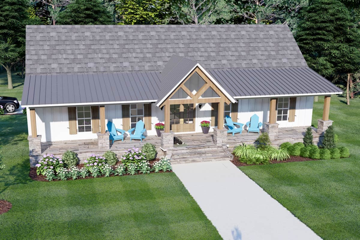Modern Farmhouse house plan exterior with stone accents, large covered porch, and gable entrance.