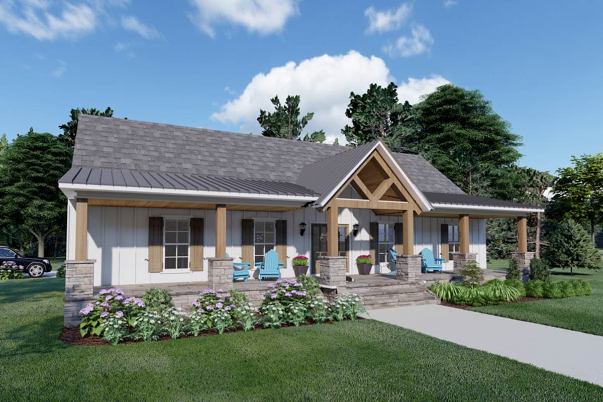 House plan exterior of a one-story Modern Farmhouse with a covered front porch, stone foundation, and gabled entrance with exposed beams.