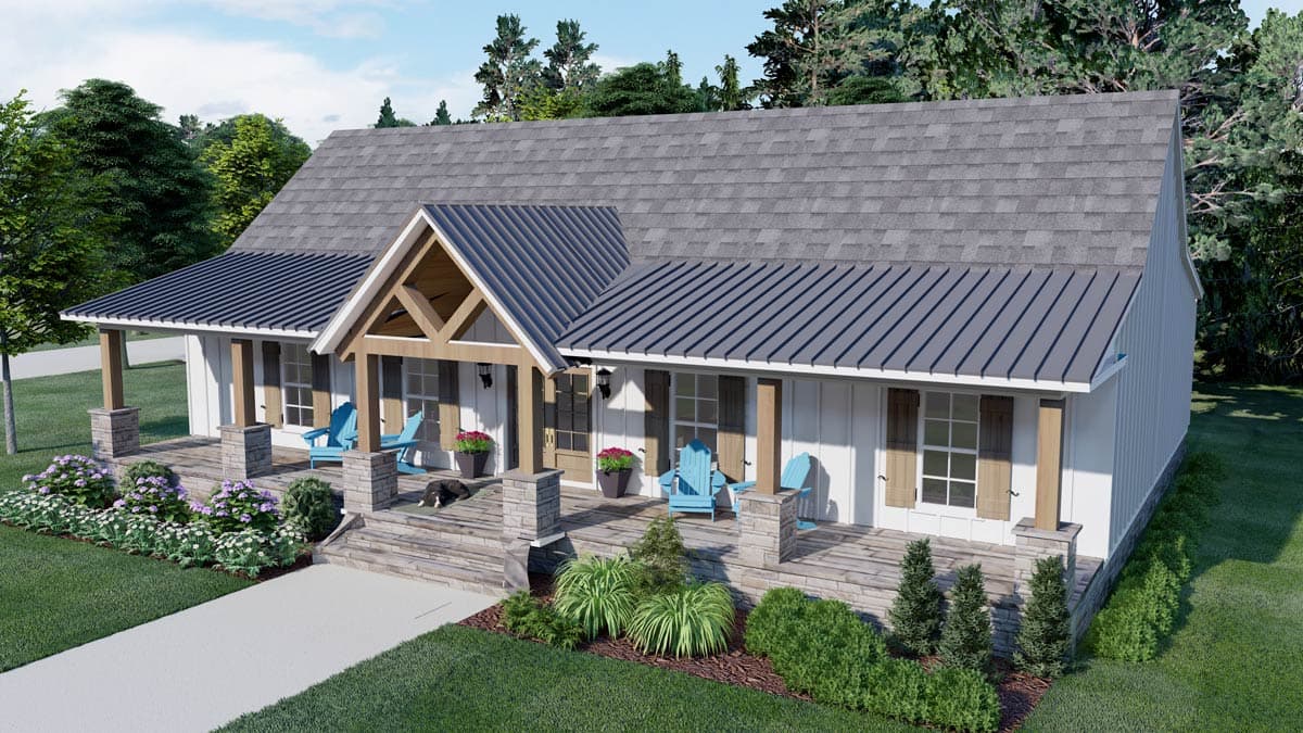 House plan exterior: Modern Farmhouse style, one story, with a wraparound porch, metal roof, and prominent gabled entryway.