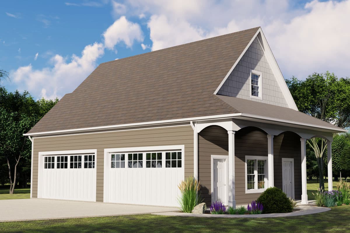 House plan exterior with two-car garage, porch with columns, and gable roof with dormer window.