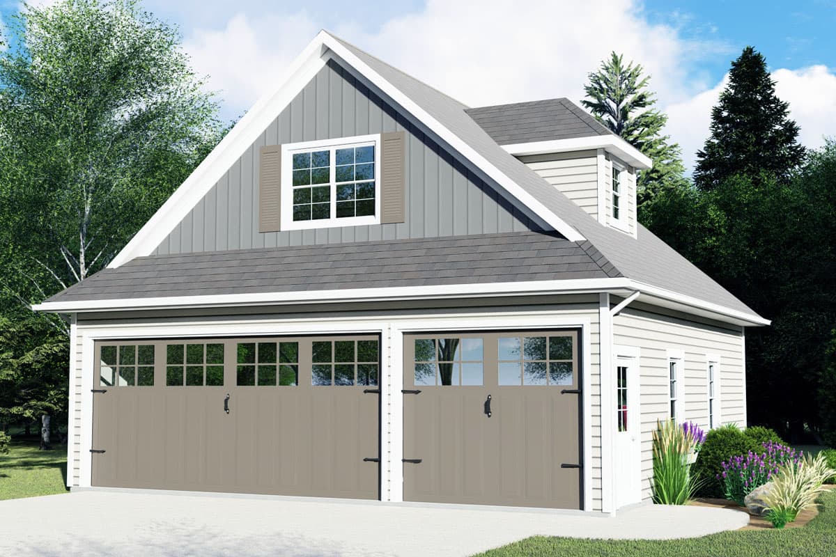 House plan exterior. Two-story garage with gable roof, dormer, and two-car garage doors. Vertical siding and decorative shutters visible.